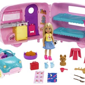 Barbie Przyczepa kempingowa Chelsea + lalka, szczeniaczek, samochód i akcesoria